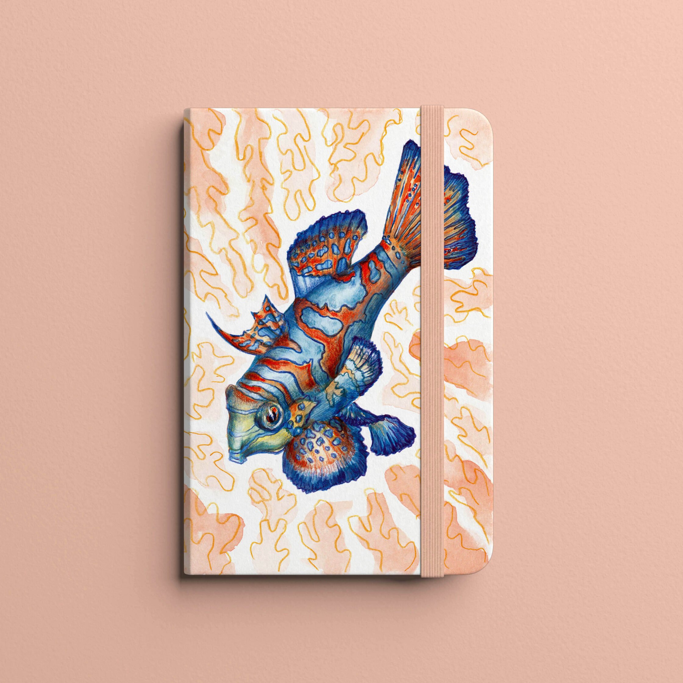 Mandarin Fish Illustration in blue and orange hues.
