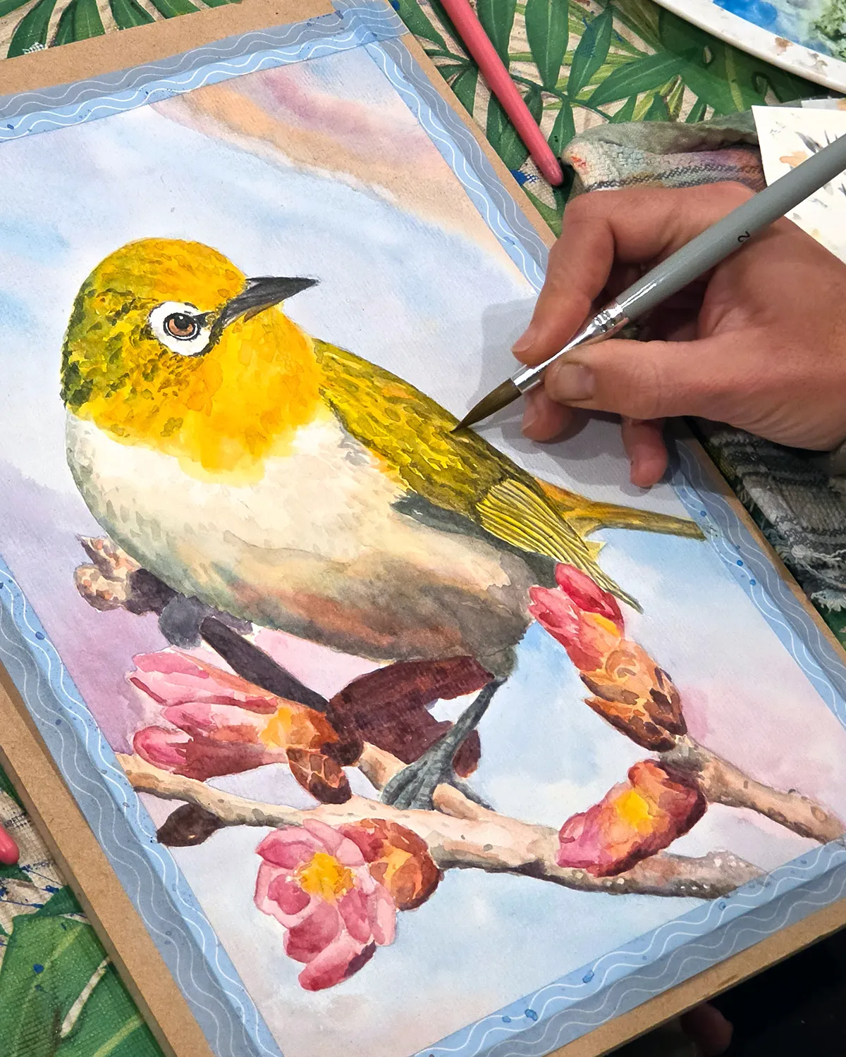 Silvereye student work from the NZ Birds Watercolour Course