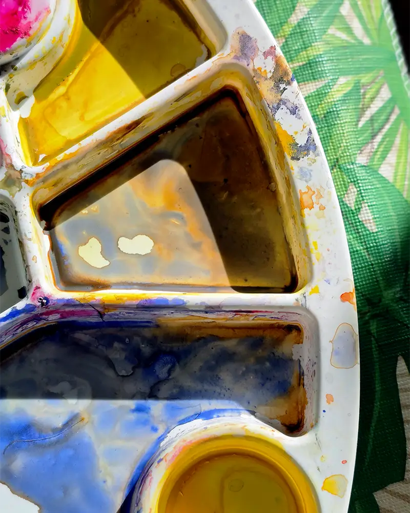 A well used watercolour palette, ready for wet media at life drawing