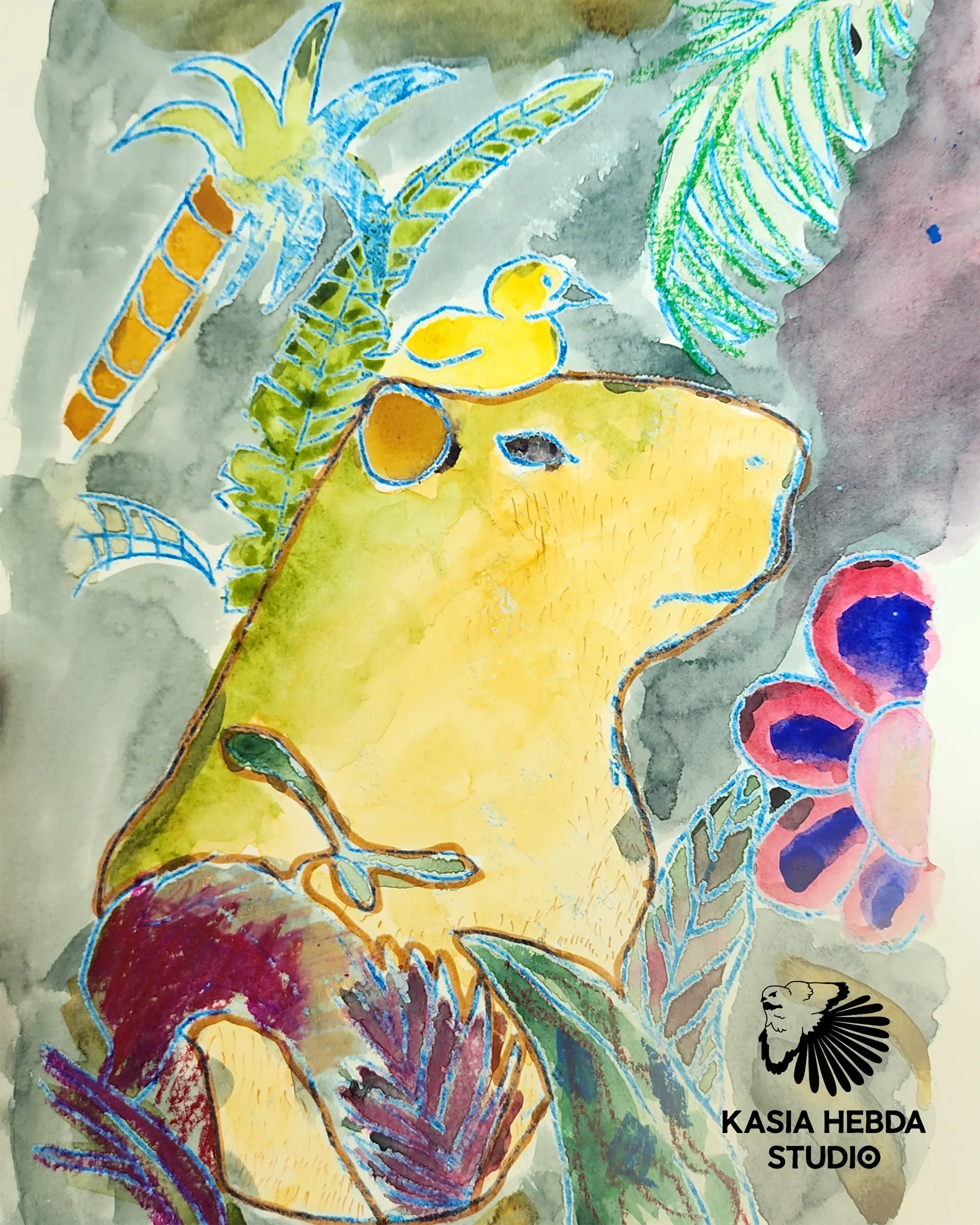 A student's mixed media painting of a bird among leaves