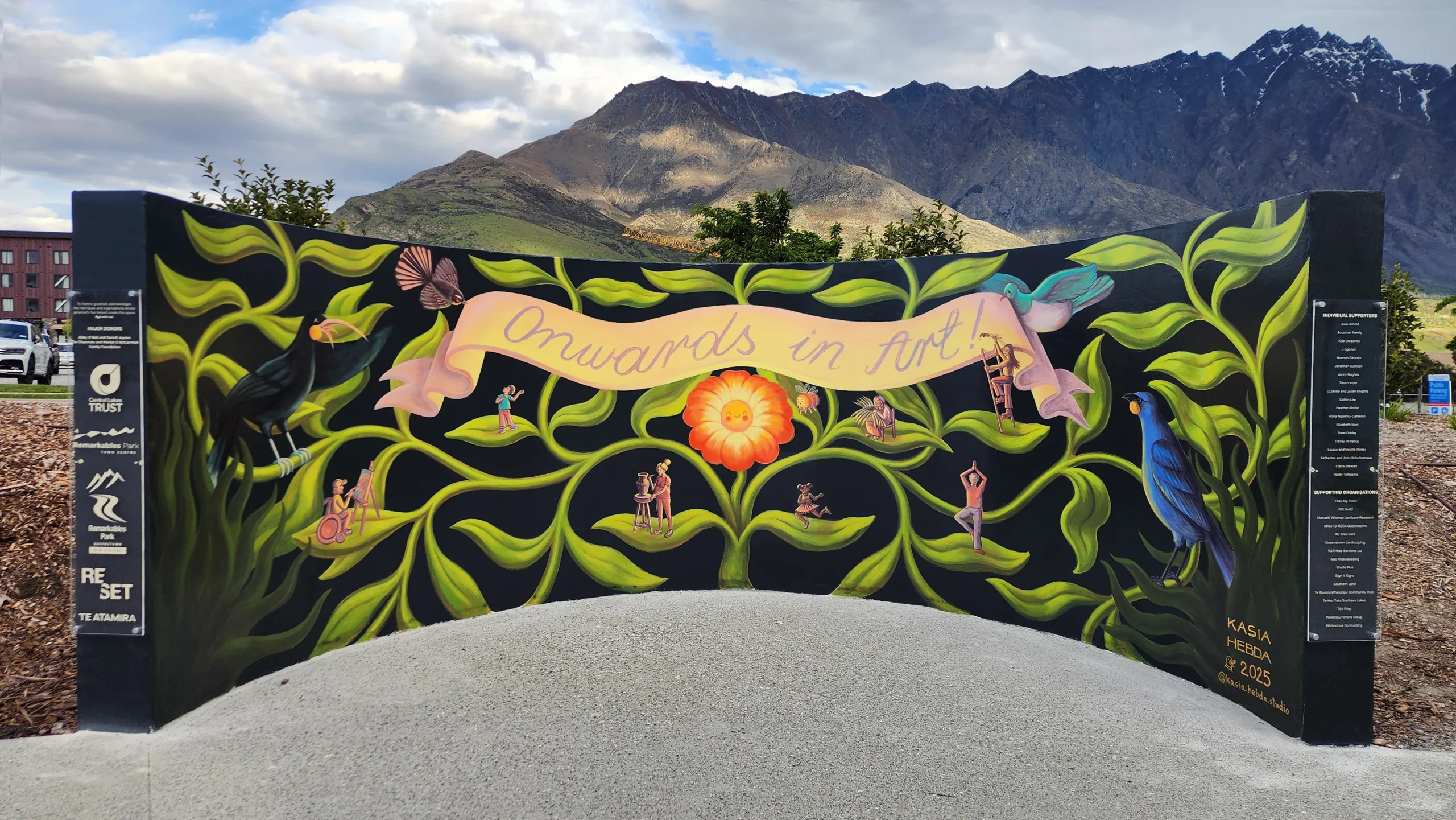 After - the whole Onwards in Art! wall at Te Atamira with the Remarkables behind