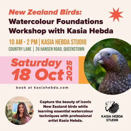 NZ Birds – Workshop 18 Oct – promo graphics 2025_S New Zealand Birds: Watercolour Foundations Workshop with Kasia Hebda | Learn Painting in Queenstown